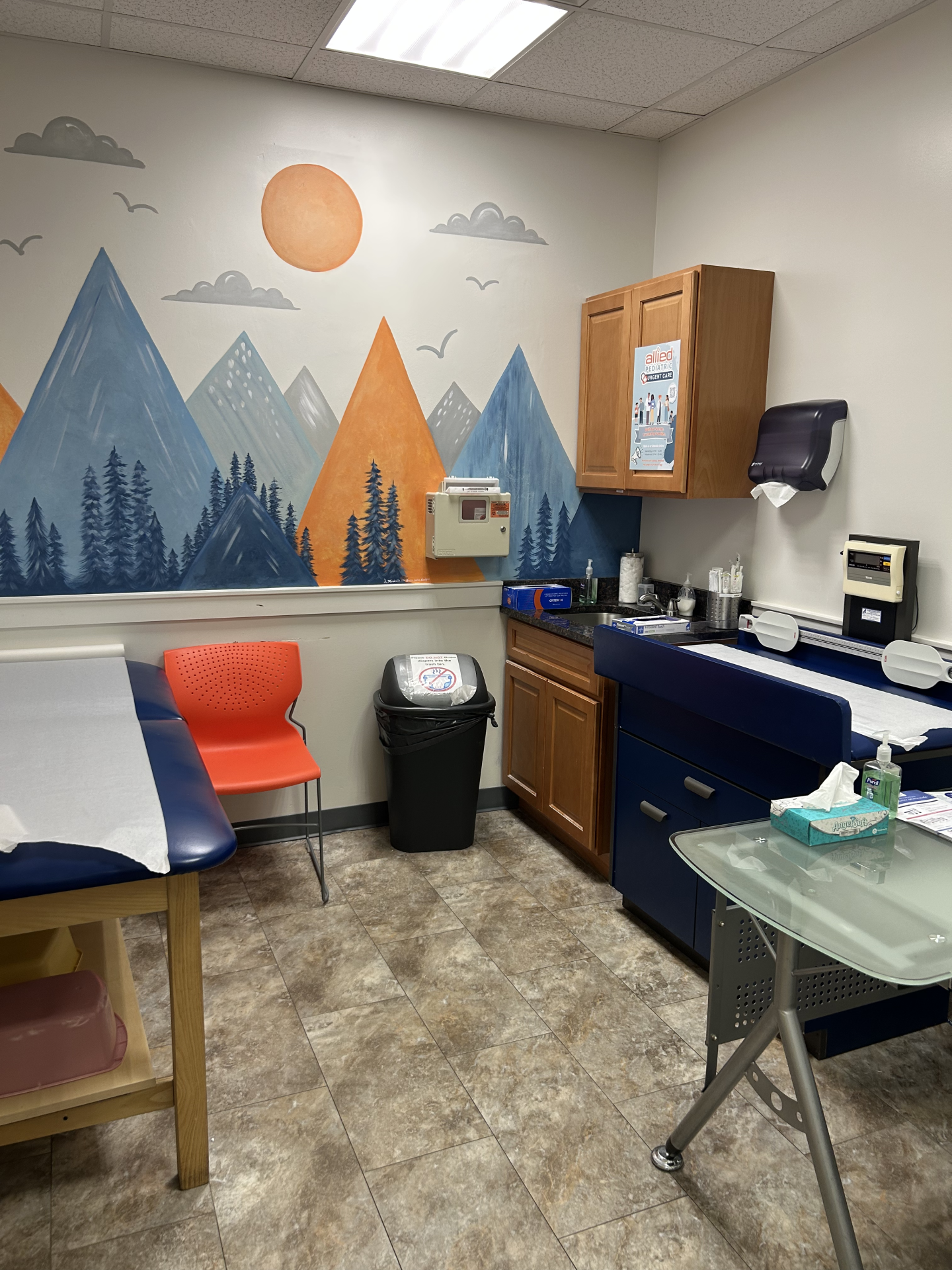 A pediatric examination room featuring a mountain landscape mural on the wall, a treatment table, and a small orange chair.