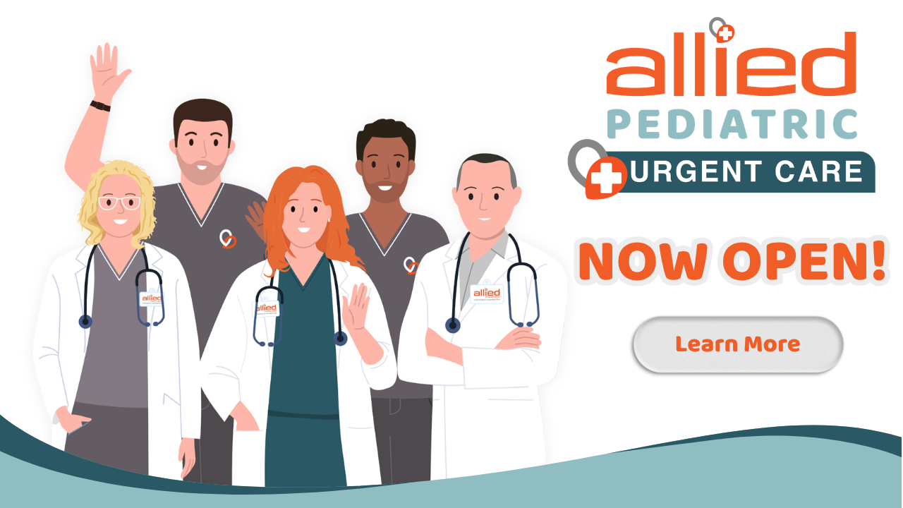 Illustration of five smiling healthcare professionals with allied Pediatric Urgent Care NOW OPEN! text and a Learn More button on the right. The background is white with teal and orange accents.