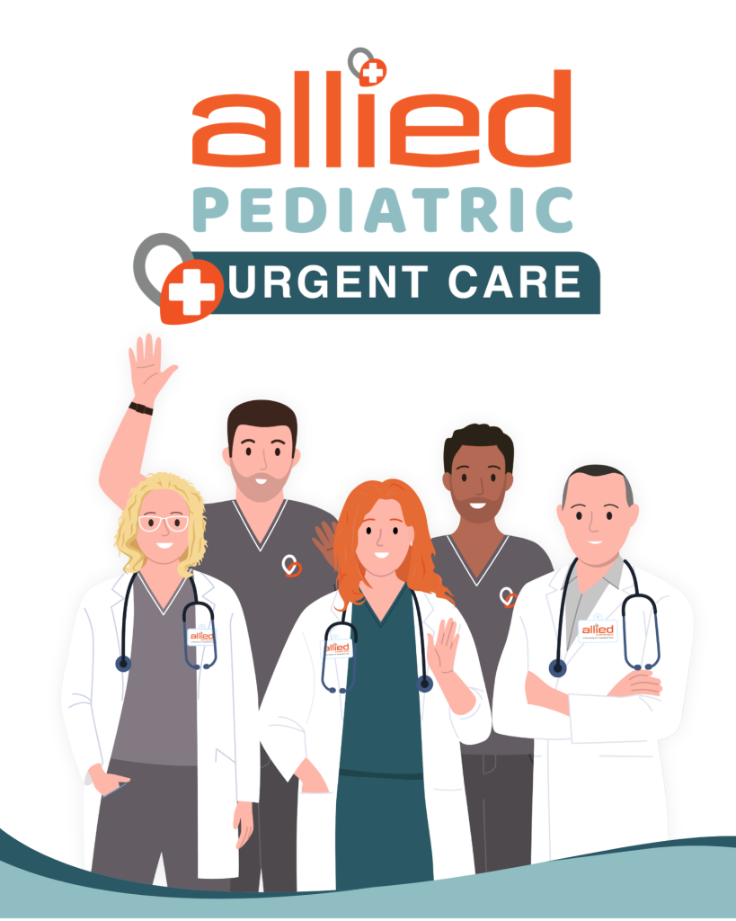 Five healthcare professionals stand smiling under the allied PEDIATRIC URGENT CARE logo. Three wear white coats, two wear scrubs, and all have stethoscopes, conveying a friendly medical team.