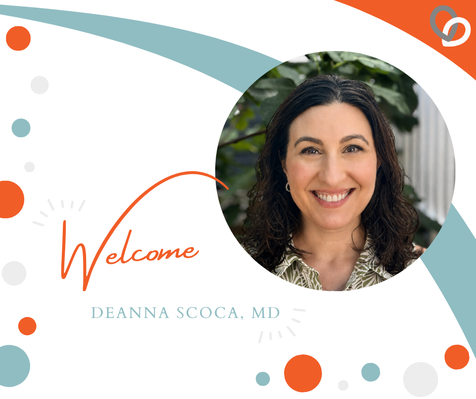 Smiling woman with wavy dark hair in a circular frame, text reads Welcome Deanna Scoca, MD. Background has colorful dots and curved shapes in orange, blue, and gray.