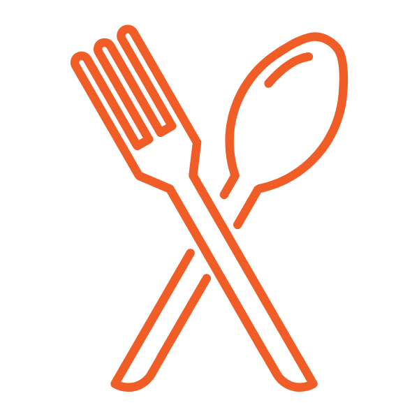 Orange outlined fork and spoon crossed in an X shape.